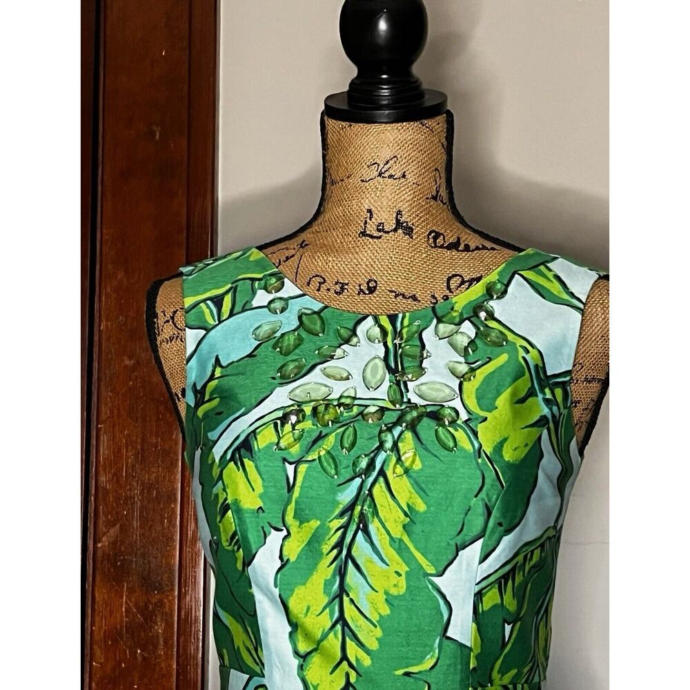 VINEYARD VINES GREEN BLUE LEAF SILK COTTON EMBELLISHED NECKLINE SHEATH DRESS 00 - Picture 2 of 5